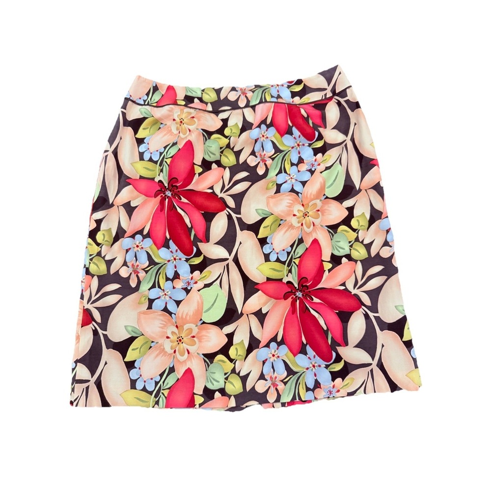 Talbots Stretch Silk-Cotton Blend Brown Peach Red Floral A-Line Skirt Sz 12